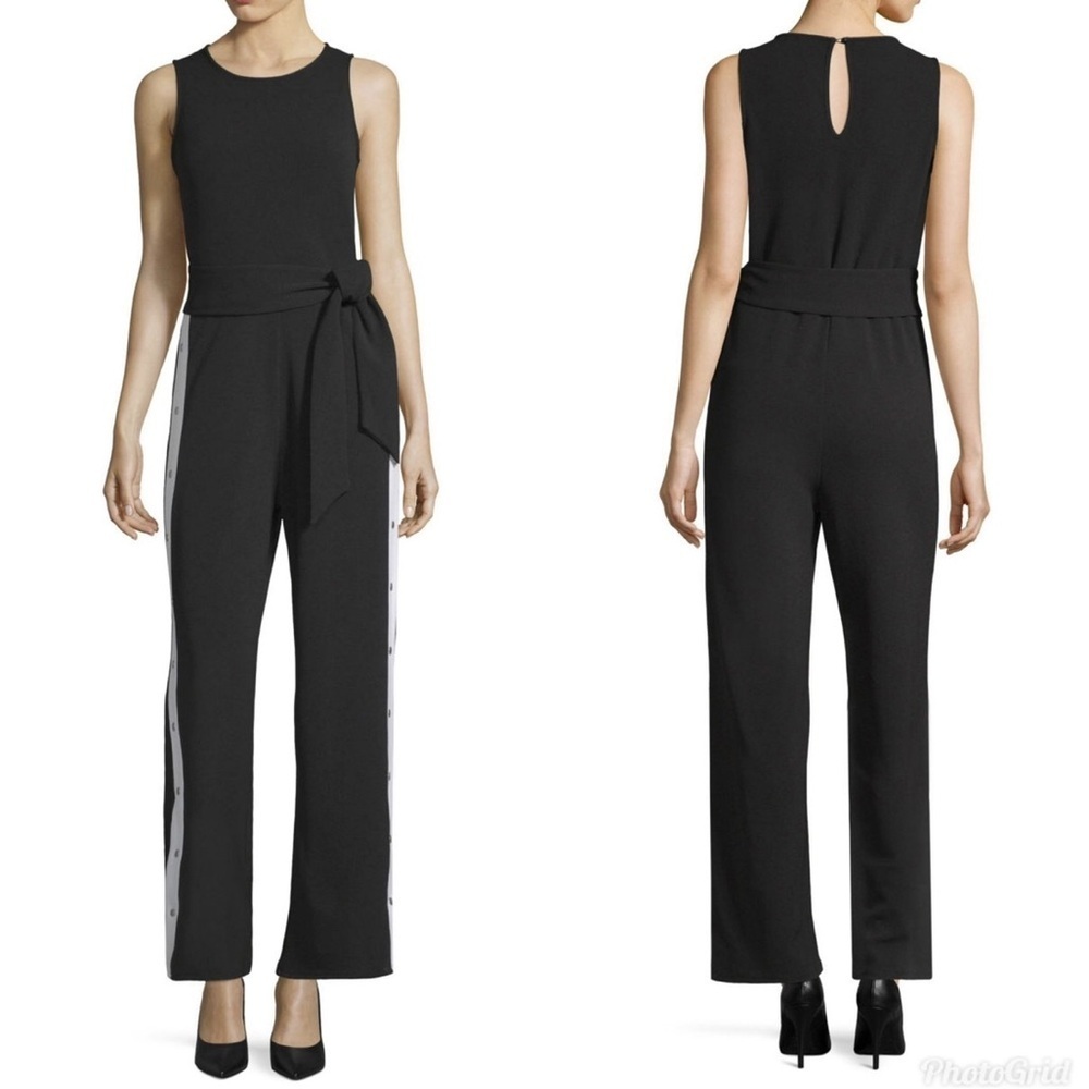 Derek Heart Black Jumpsuit Women’s Size M Side White Stripe Belted Sleeves